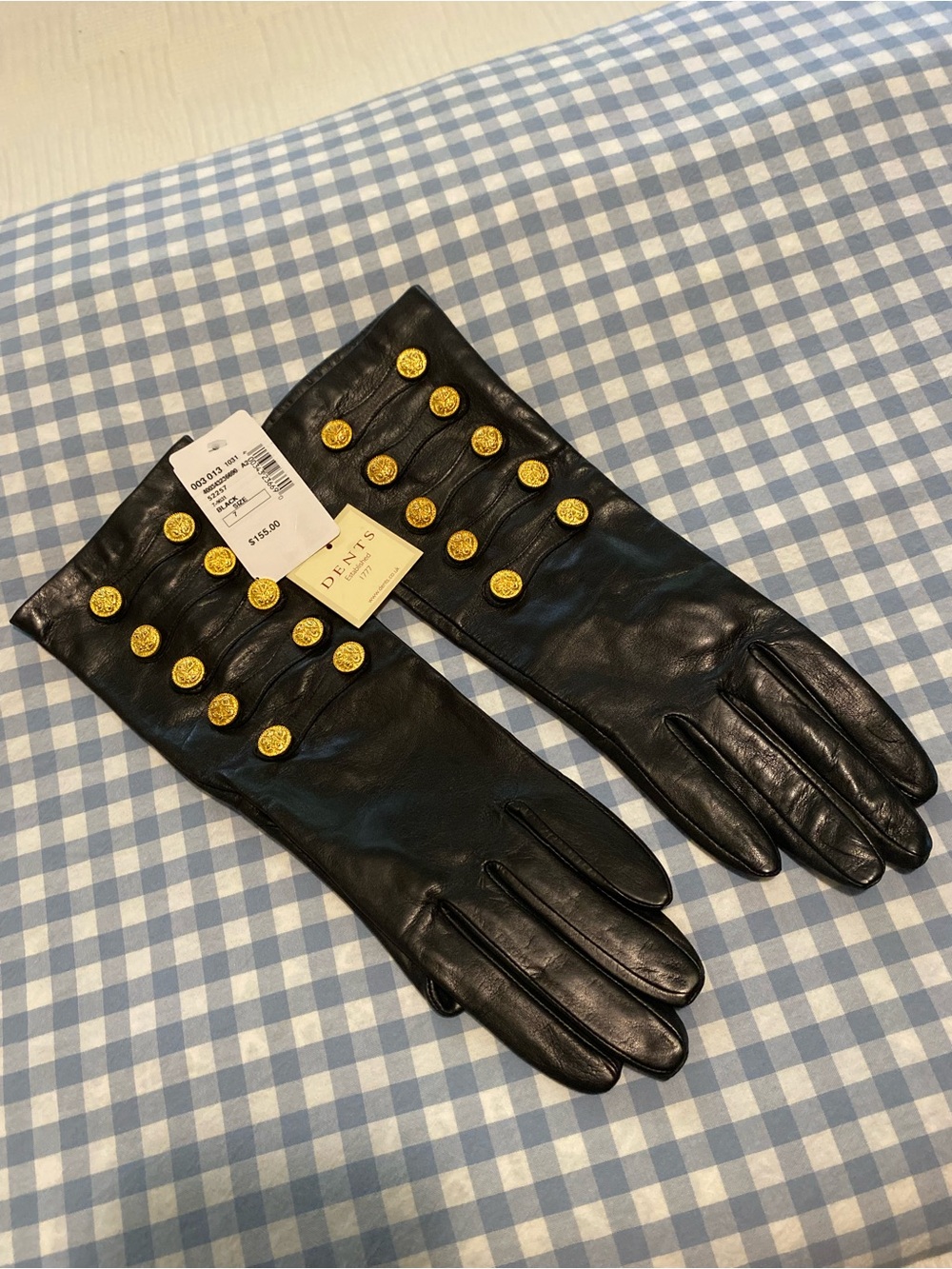 Black Leather Gloves with Gold Button Accents